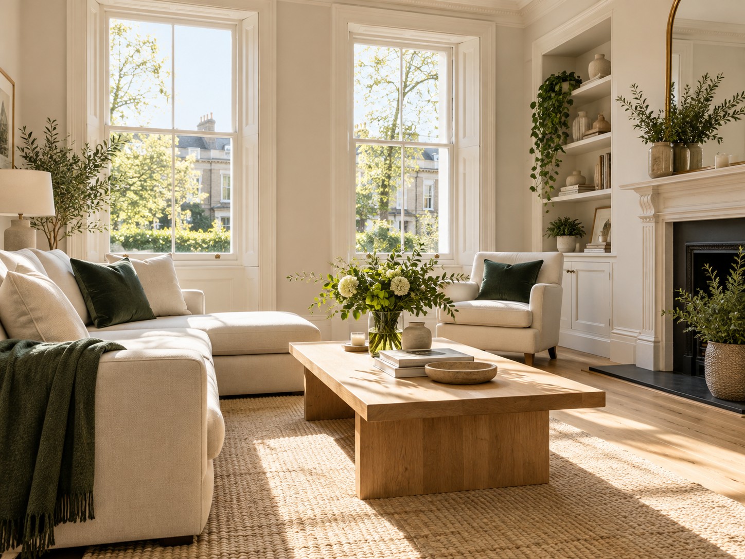 Bright, tidy living room with cream furnishings and natural wood